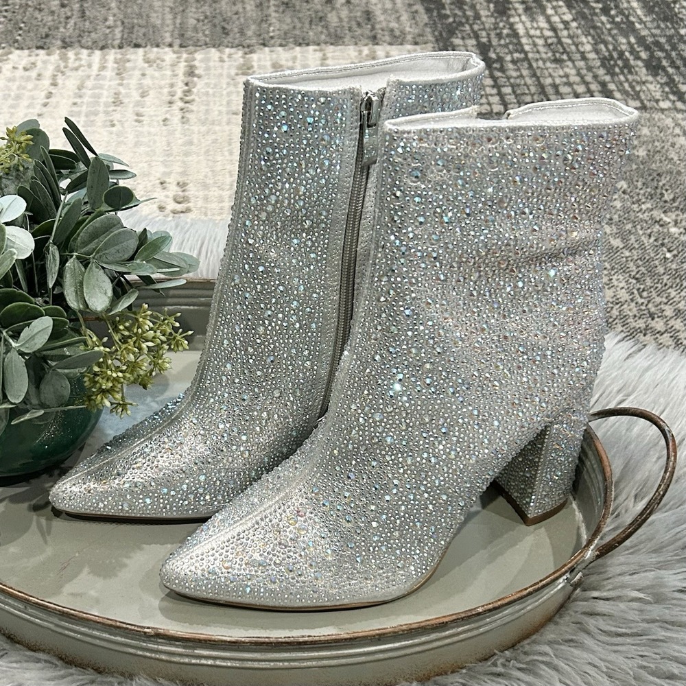Lauren Lorraine Jam Boots Womens Size 7.5 Silver Rhinestone Ankle Block Heel NEW
